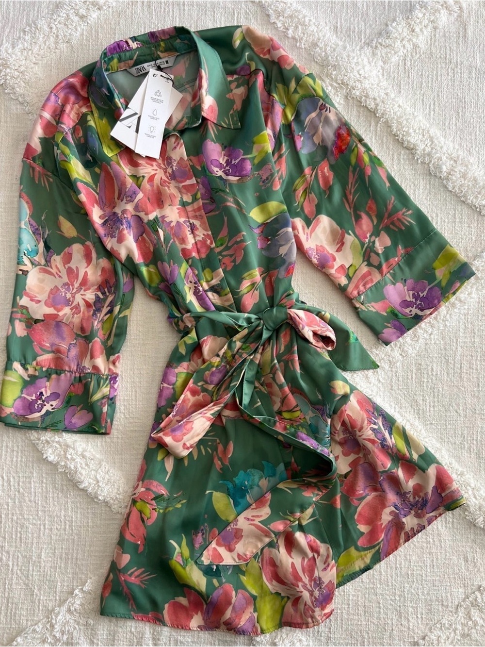 Zara Green Floral Satin Tie-Waist Shirt Dress